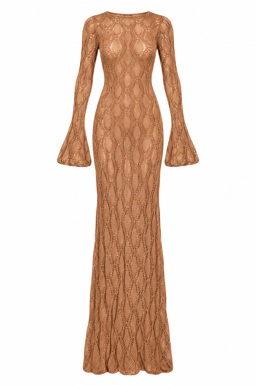 Crochet Tie Front Maxi Dress - Brown - S (Like New)